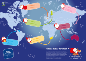 Kerstmannen over de wereldkaart